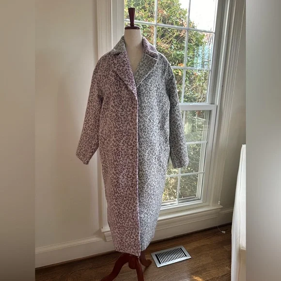 ASOS DESIGN PETITE Mix Gray Pink Leopard Cheetah Animal Print Brushed Coat - Picture 5 of 14